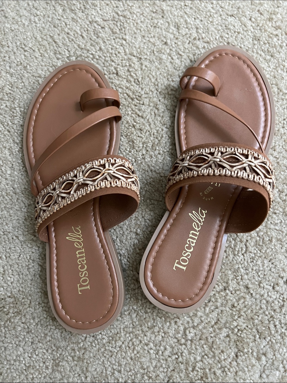 Toscanella Tan Double-Strap Slide Sandals with Braided Accent